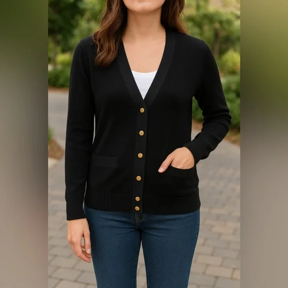 J.Crew Merino Wool Black Cardigan Sweater Women’s Size S Gold Button Pockets - Picture 2 of 7